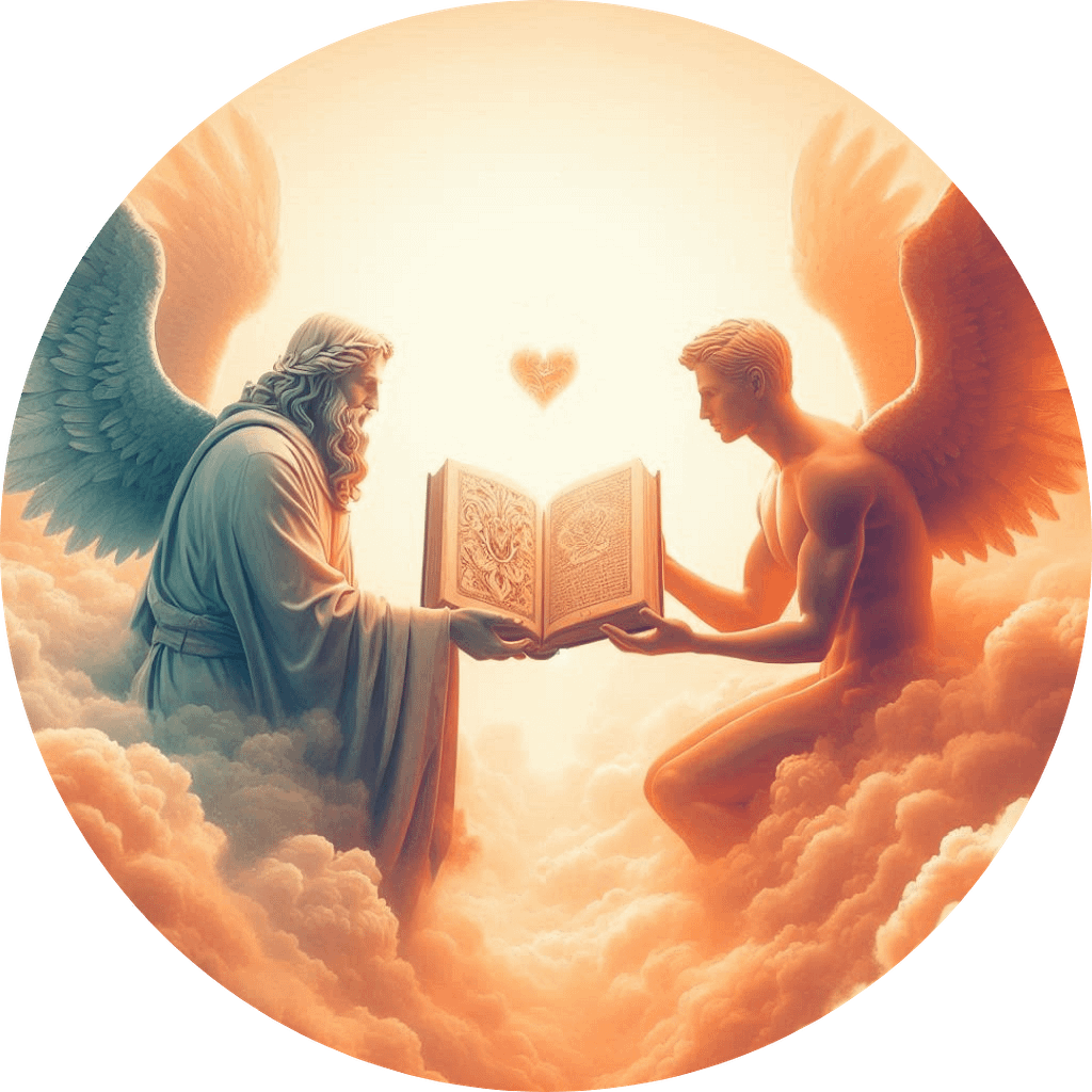 Un archange dispense des soins Akashiques à une âme humaine en lui donnant accès à des informations contenues dans un livre ancien.