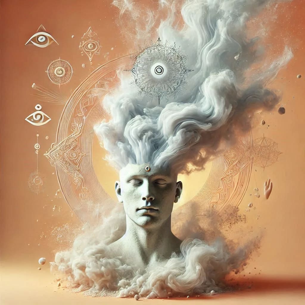 Âme recevant des soins Akashiques. Une tête d'homme dont le sommet se développe en brumes vaporeuses est entourée de signes spirituels.