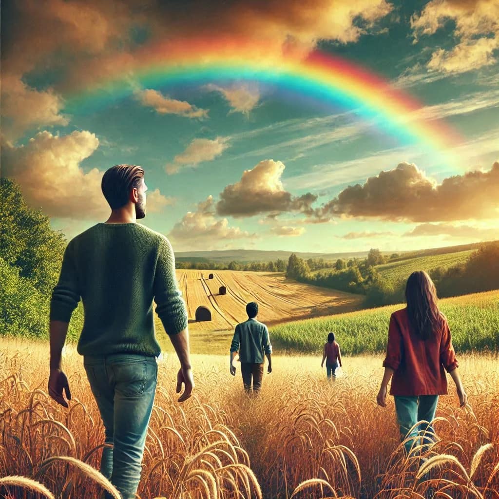 La Rayonnance Sacrée. L'image décrit un homme contemplant l'harmonie des couleurs d'un arc en ciel.
