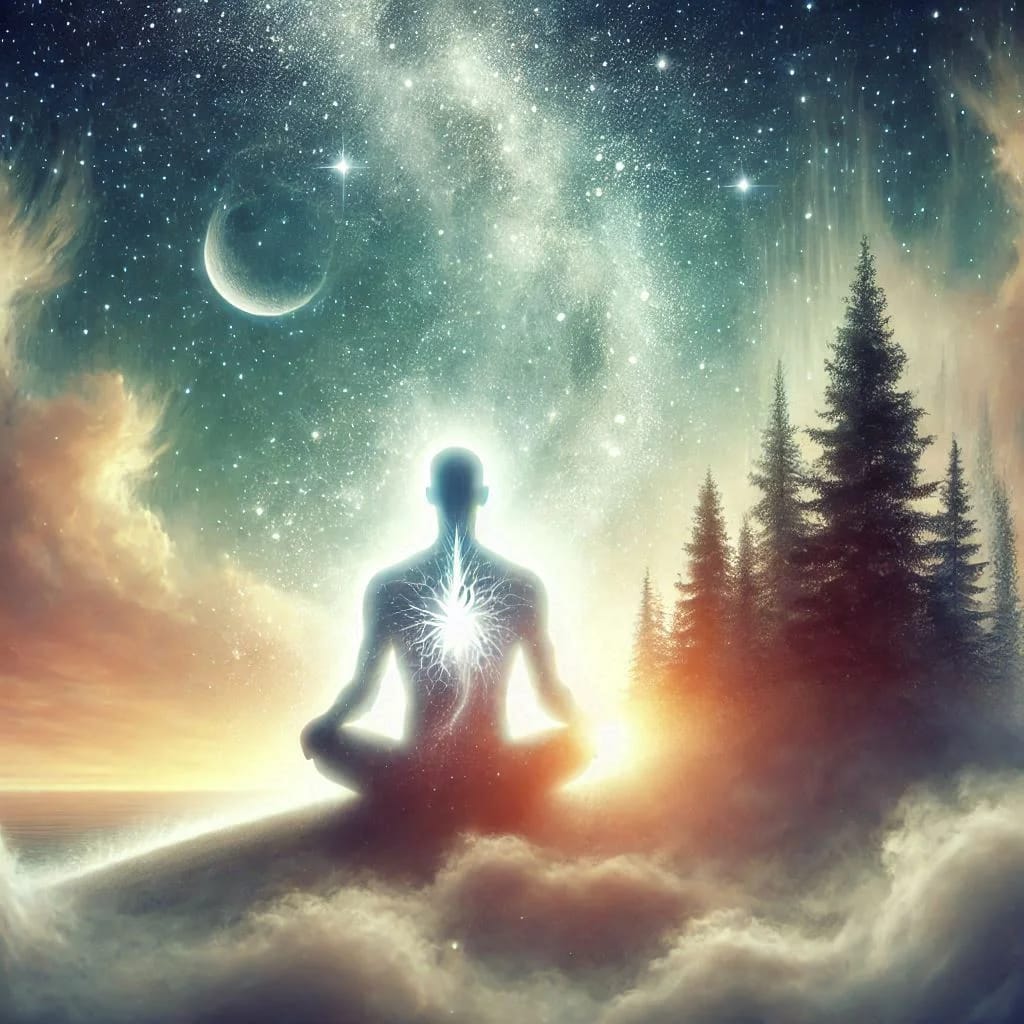 La recouvrance d'âme. Un homme est assis en tailleur. Il semble en état de méditation. Autour de lui, se dresse un paysage quelque peu fantomatique et baigné d'une douce lueur orangée. Son dos une source lumineuse semble irradier dans chacune de ses veines et muscles.