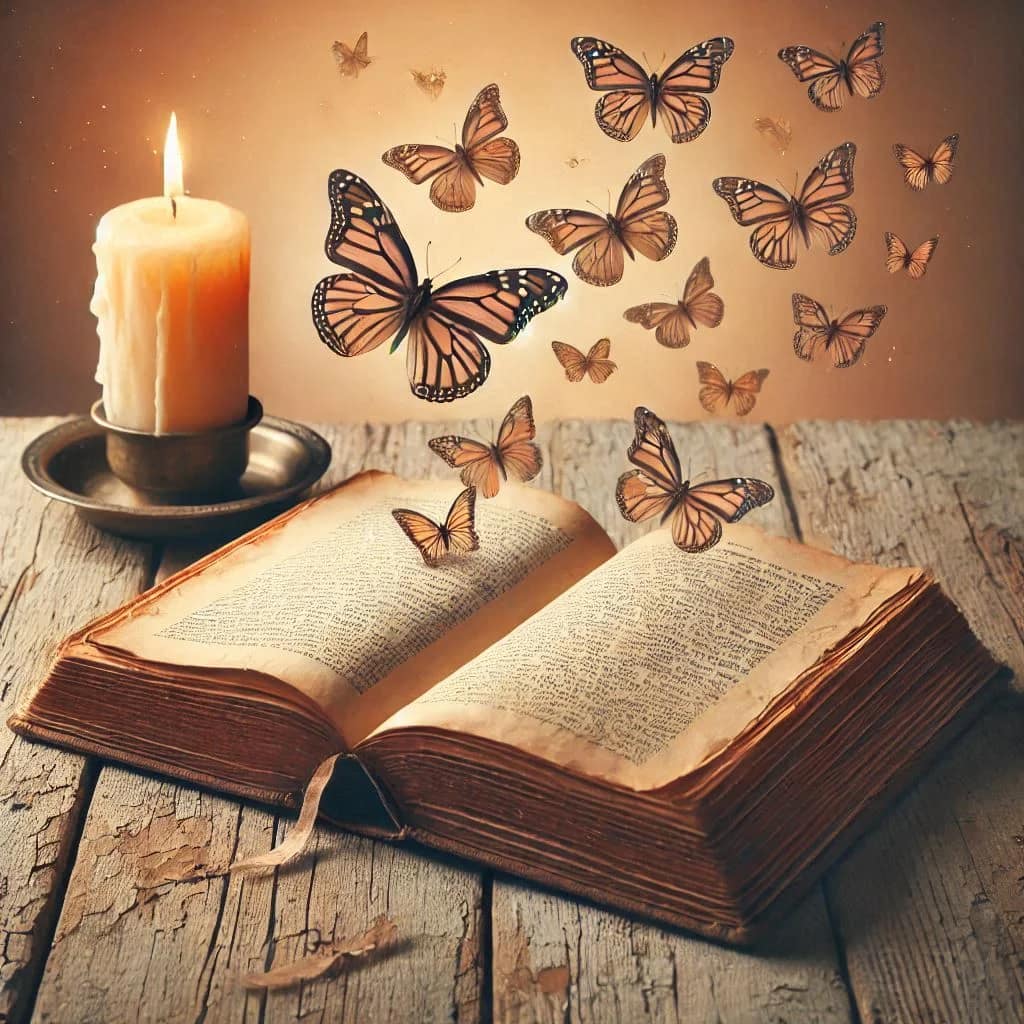 Les soins de Lecture Akashique. Des papillons s'envolent des pages d'un livre ancien. Une bougie posée à côté rappelle la lumière et l'ancienneté de ce type de soins.