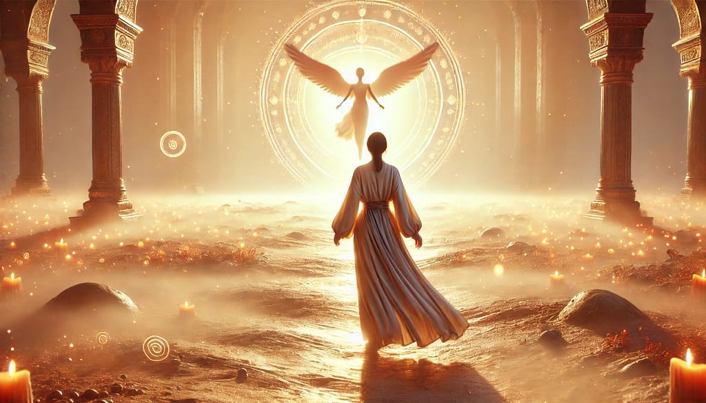 Dans un décors antique, une femme s'avance vers un être céleste qui l'accueille avec bienveillance.