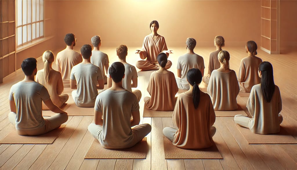 Initiation aux Annales Akashiques Cours de lecture Akashique collectif. Des hommes et des femmes, assis en tailleur, écoutent l'enseignement de leur guide shamanique.