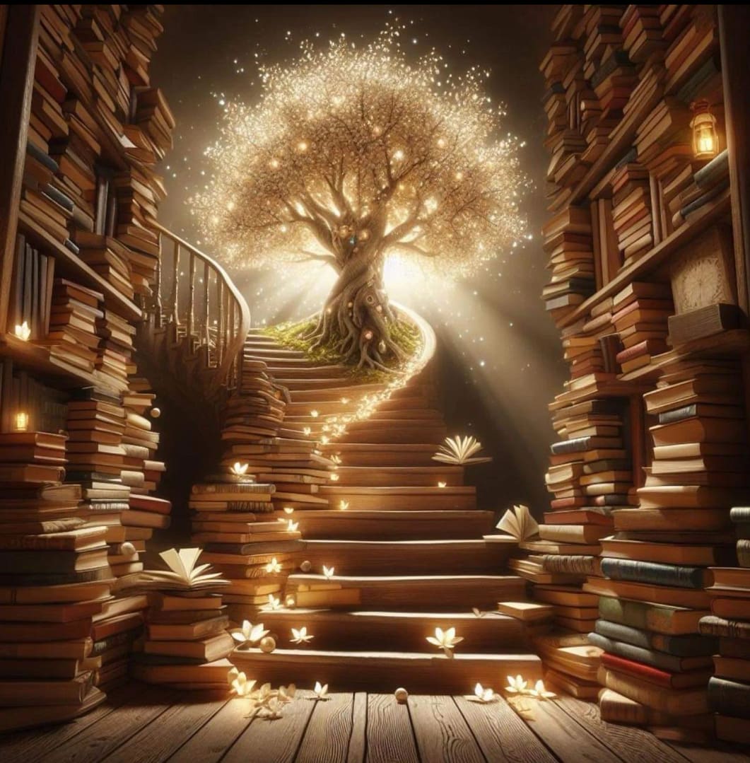 Les Annales Akashique constituent une vase bibliothèque cosmique, un puits de connaissance. Le chemin qui serpente entre des étagères chargées de recueils mène à un arbre de vie majestueux et lumineux.