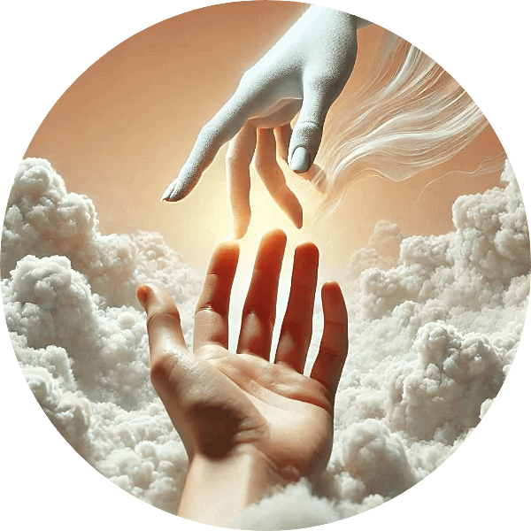 Une main blanche et vaporeuse tendue vers une main humaine surgissant des nuages. I'image symbolice les soins de guidance et de libération karmique.