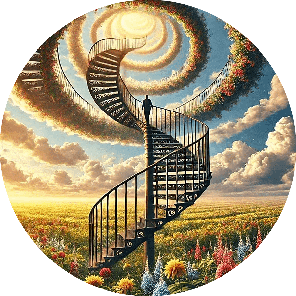 Accéder aux Annales Akashiques, c'est l'opportunité d'accéder à la clarté. Un homme gravit un escalier en forme de spirale. En fer forgé, celui-ci est parsemé de fleurs champêtres et transperce la voute nuageuse laissant entrevoir une source lumineuse douce et apaisante.
